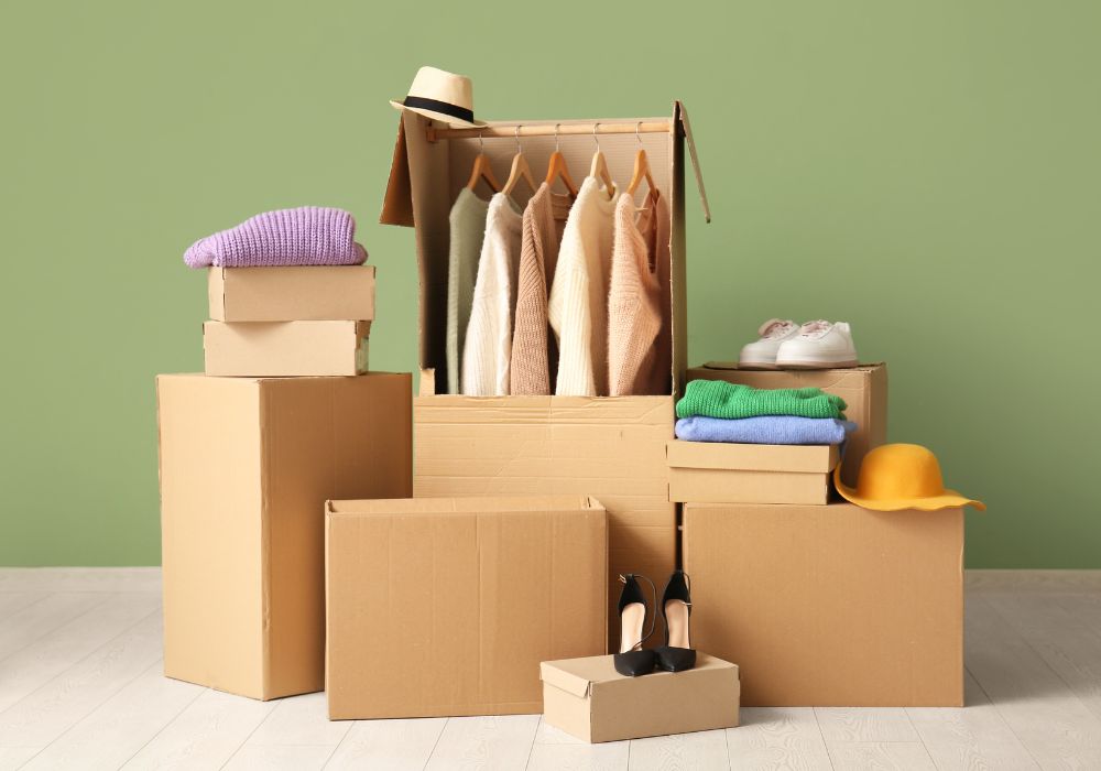 Packed cardboard shipping boxes and a wardrobe box for a student move